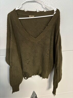 SER.O.YA Olive Green Distressed V-Neck Sweater